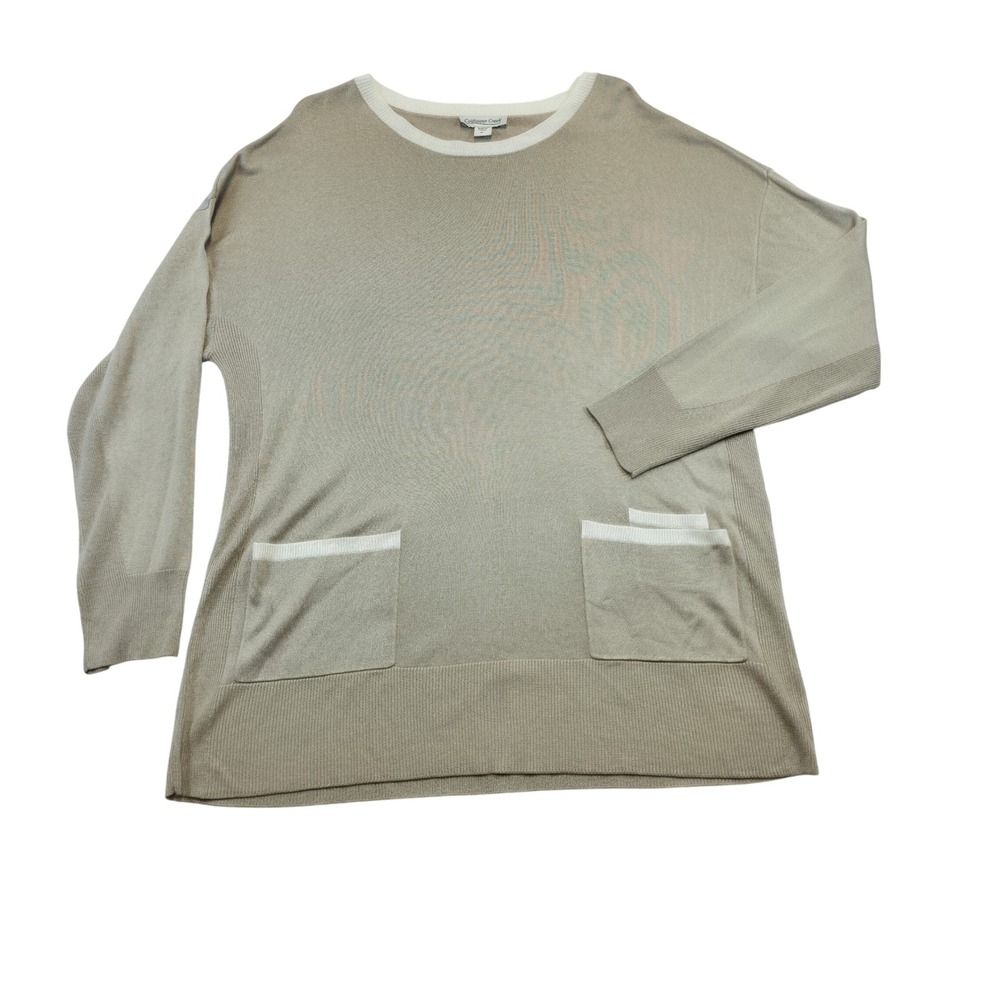 Coldwater Creek XL Tan Knit Tunic Sweater Pockets Crew Neck Long Sleeve Women's